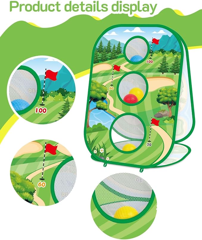 4-in-1 Kids Sticky Golf Games Set with Club, Golf Putting Practice Mat,3-Sided Golf Chipping Net, Multiple Game Modes, Golf Cornhole Board Set
