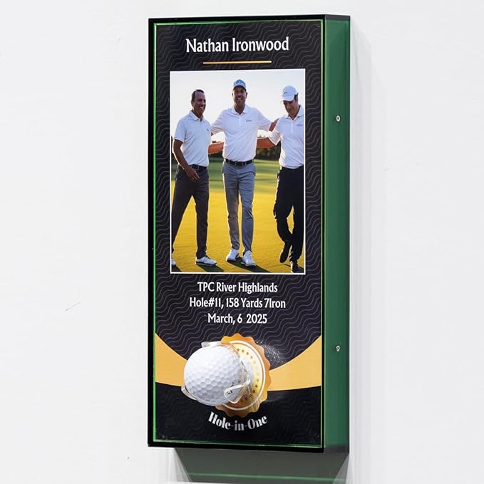 Green Acrylic Perfect Shot Golf Ball Display Case Frame, 6.3x12.2 Inch Vertical Design with Custom Name, Photo, and Details, Art Print Background, Acrylic Ball Holder (Golf Ball Not Included)