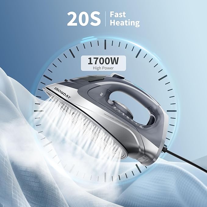 Steam Iron for Clothes Rapid Heating, 1700W Iron Burst of Steam, Non-Stick Ceramic Soleplate, Auto shutoff, Anti-Drip, Self-Cleaning, 10.14oz Water Tank Ironing Clothes for All Fabrics, Grey