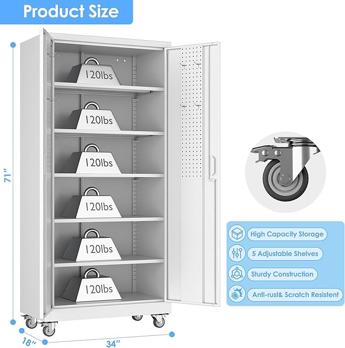 SUXXAN Metal Garage Storage Cabinet with Wheels and Pegboard 71'' x 34'' x 18'', Lockable Rolling Steel Cabinet with 5 Adjustable Shelves and Door for Garage, Office, Kitchen, Assembly Required