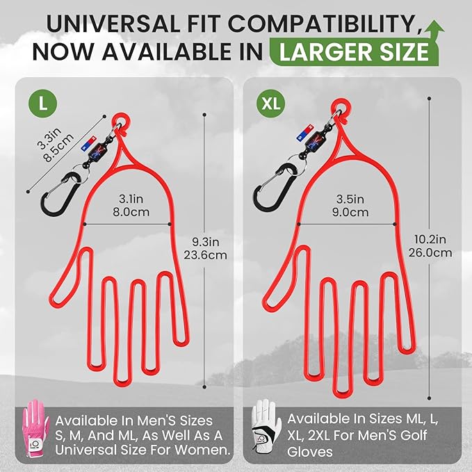 FINGER TEN Golf Gloves Stretcher Universal with Strong Magnetic Carabiner Clip 2 Pack, Durable Glove Support Plastic Holder Hanger Keeper Dryer, Size Large XL for Men Women