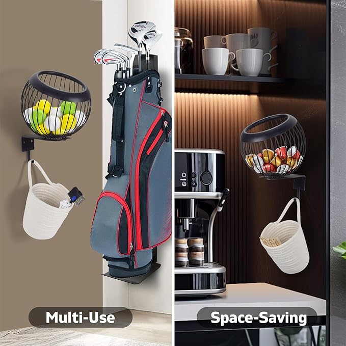 360° Swivel Wall Mount Golf Ball Storage Rack for Garage with Accessories Bag, Wall Mount Coffee Pod Holder Wire Basket for K Cups, Space-Saving Golf Ball Organizer Storage for Home, Clubs