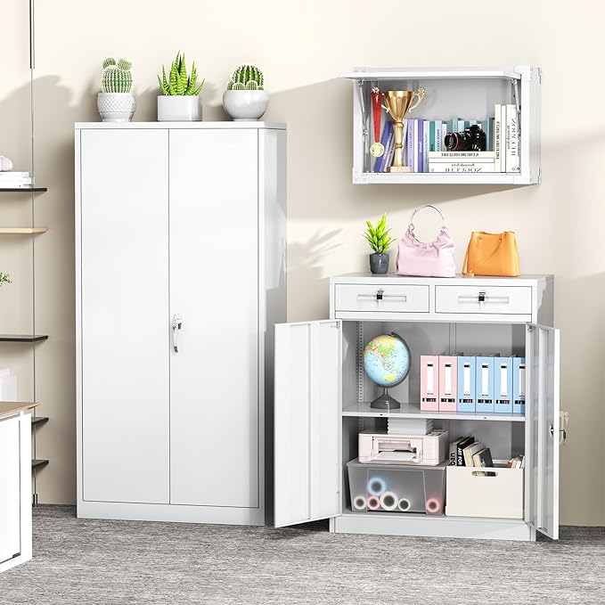 Greenvelly Metal Storage Cabinet with Drawers, 42” White Steel Garage Storage Cabinet with 2 Doors and Adjustable Shelves, Locking Office Storage Cabinets, Tool Metal File Cabinet for Office School