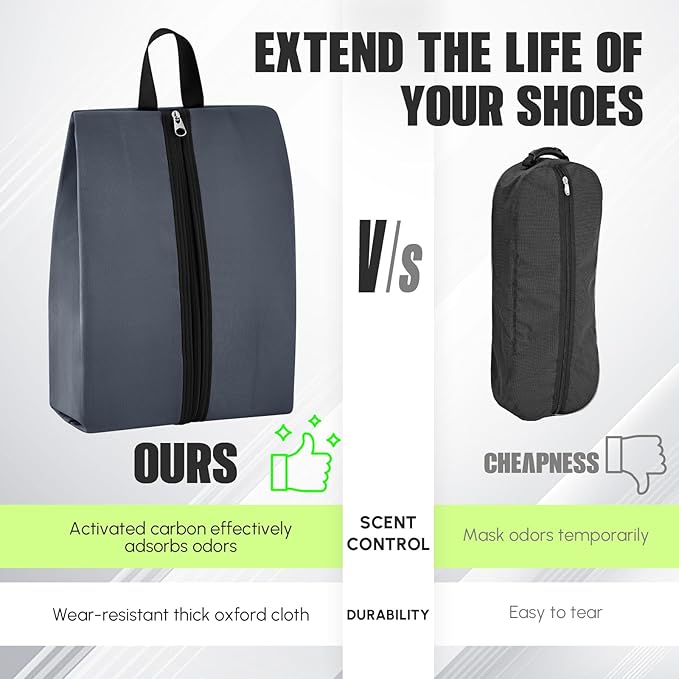 2 Pack Smell Proof Shoe Cleat Bag for Travel Water-resistant Odor Absorbing Lightweight Golf Soccer Shoe Storage Organizer Pouch with Zipper Dust-proof for Gym Sports Work(Black, Dark Grey)