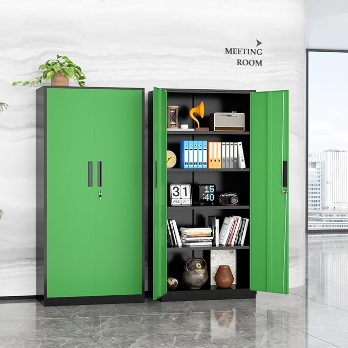 INTERGREAT Metal Storage Cabinet, 72" Locking Steel Cabinets with 2 Door and 4 Adjustable Shelves, Tall Metal Cabinet for Home Office, Garage, Warehouse,(Black+Green)