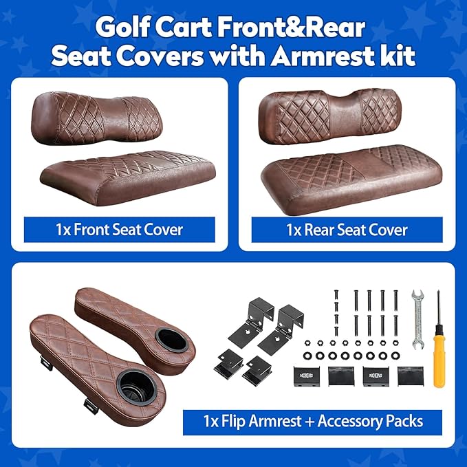 NOKINS Golf Cart Seat Covers for Club Car DS 2000.5-Up, Vinyl Front&Rear Seat Cover with Flip-Up Armrests kit, with Cup Holder, for 1" Square Tube (Brown&Brown 8438)