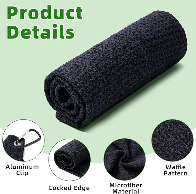 3 Pack Golf Towels(16" X 16") with Carabiner Clip,Microfiber Fabric Waffle Pattern Towels for Golf Bags,Tri-Fold Portable Towels for Men Women,Blue/Black/Gray