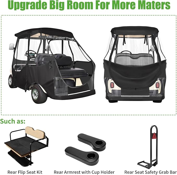 10L0L Golf Cart Driving Enclosure for Club Car DS, 2+2 Passenger Short Roof, Waterproof Windproof Heavy Duty 600D Rain Cover with 4-Sided Clear Windows & Durable Door Zipper, All-Weather Protection