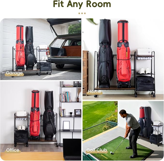 Golf Bag Storage Organizer for Garage, Large Size Adjustable Golf Bag Rack Stand with Wheels & Feet for 2 Bags, Golf Trunk Organizer, Golf Equipments Accessories, Golf Gift for Men Golfer