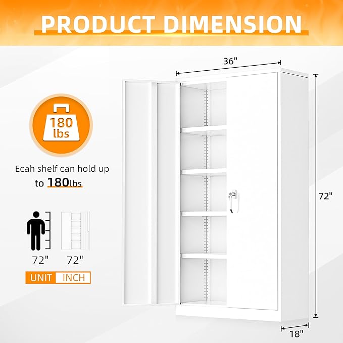 INTERGREAT White Metal Storage Cabinet Doors, 72" Locking Steel Storage Cabinet with Shelves, Tall Metal Cabinet Lockable Steel Cabinets for Home Office