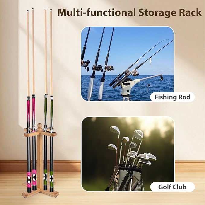 Pool Stick Holder Golf Club Rack Floor Stand Cue Holder, Wooden Independent Golf Storage Billiard Cues Rack, Hold 8 Cues or Golf Clubs, Easy Assembly for Billiards Room Club Billiard Cue Racks