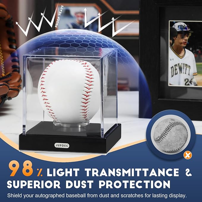 JupDec Baseball Display Case, Clear Acrylic Cube Baseball Holder with Durable Base, UV Protected Autograph Stand Box for Single Ball, Ideal Gift for Collector & Sports Enthusiast, Silvery, 2 Pack