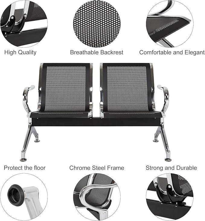 Kinfant Waiting Room Chair Bench - Guest Reception Chairs for Airport Hospital Bank Salon Barber Hall Room Conference (2-seat, Black-Mesh)