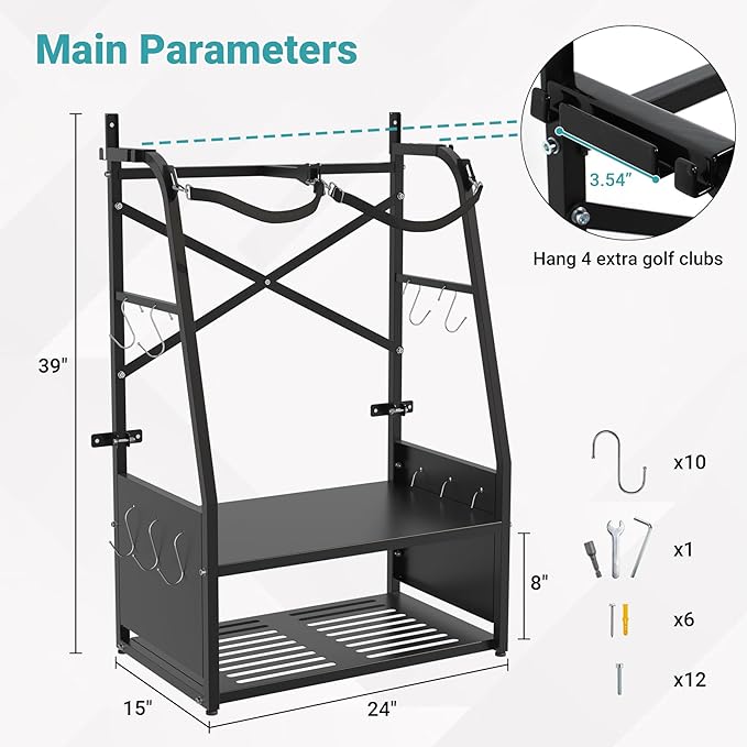 Golf Bag Organizer - Wall Mount & Freestanding - Holds 2 Golf Bags w/ 4 Club Racks, 10 Hooks & Storage Shelf - Golf Bag Stand w/Adjustable Feet for Garage, Store, Club, Shed