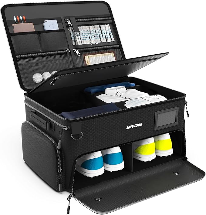 4-Layer Golf Trunk Organizer, Golfer Gifts for Men Women with Separate Ventilated Compartment for 2 Pairs Shoes, Waterproof Car Golf Locker Storage Bag for Golf Gear and Accessories,Black