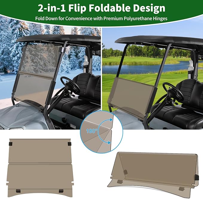 Golf Cart Foldable Windshield 3/16" (5MM) Thicken Only Fits Club Car Precedent 2004+, Tempo 2017+, Onward 2017+, 1"×1" Struts Rail Front Folding Acrylic Windshield Replacement - Tinted
