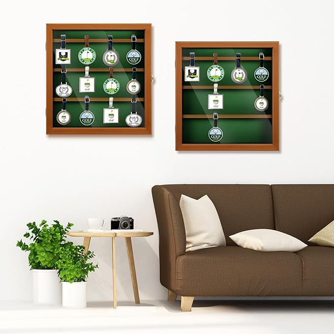 Golf Bag Tag Collection Display Case Holds 40 Bag Tags 16.54 x 15.35 x 1.77 Inch Wall Mount Wooden Shadow Box W/98% UV Acrylic Door Lockable Storage Display Box for Collection(Brown, Green)