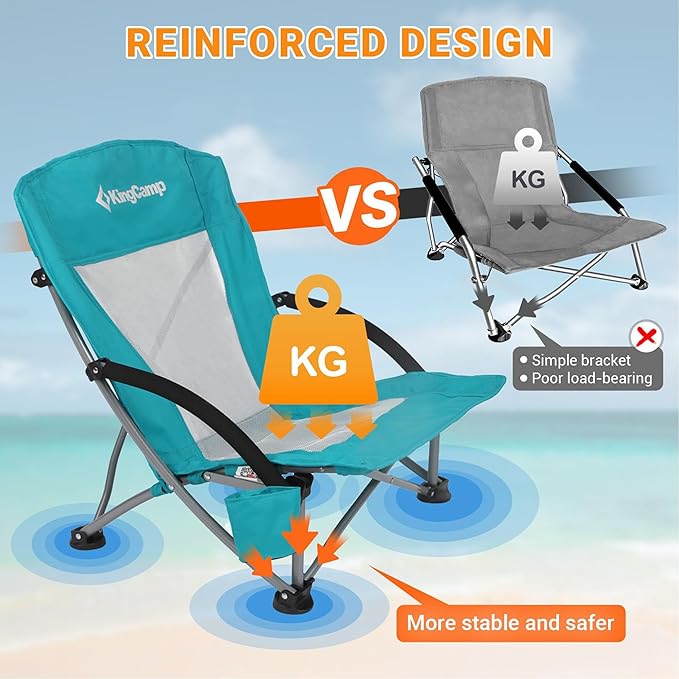 KingCamp Low Beach Chairs, Folding Portable Chair for Adults Lightweight Extra Wide Seat 300lbs Heavy Duty Oversized Backpack, Carry Bag for Camping