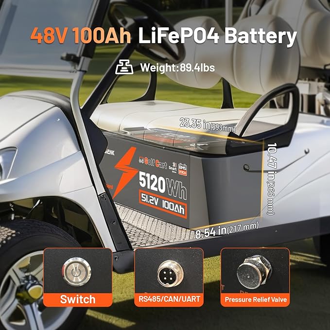 48V 100Ah Golf Cart Battery with Metal Case & 200A BMS, LiFePO4 Lithium Battery with 15A Charger, Bluetooth APP & LCD Monitor, 15000+ Cycles, Max. 5.12kWh with Low-Temp Protection for Golf Carts
