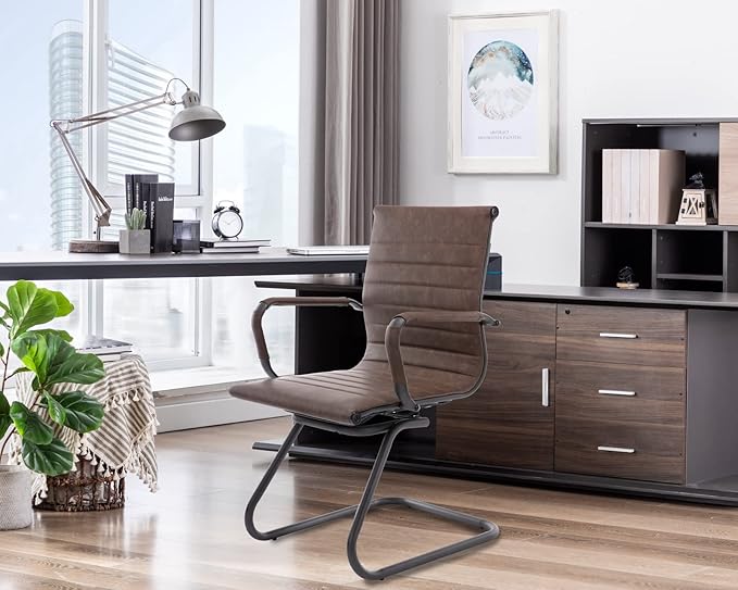 CIMOTA Waiting Room Chairs Set of 8 Leather Office Guest Chair Mid Back Reception Chairs with Sled Base for Meeting/Patient/Conference Room, Retro Brown, 8PCS
