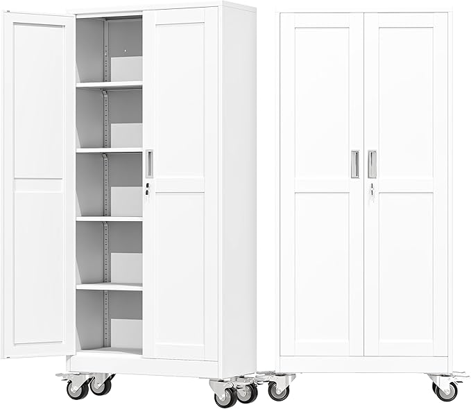 71" Tall Metal Garage Storage Cabinet with Wheels and Locking Doors and Tall Rolling Steel Tool Cabinet with 4 Adjustable Shelves for Garage,Home,Office,Shop (White)