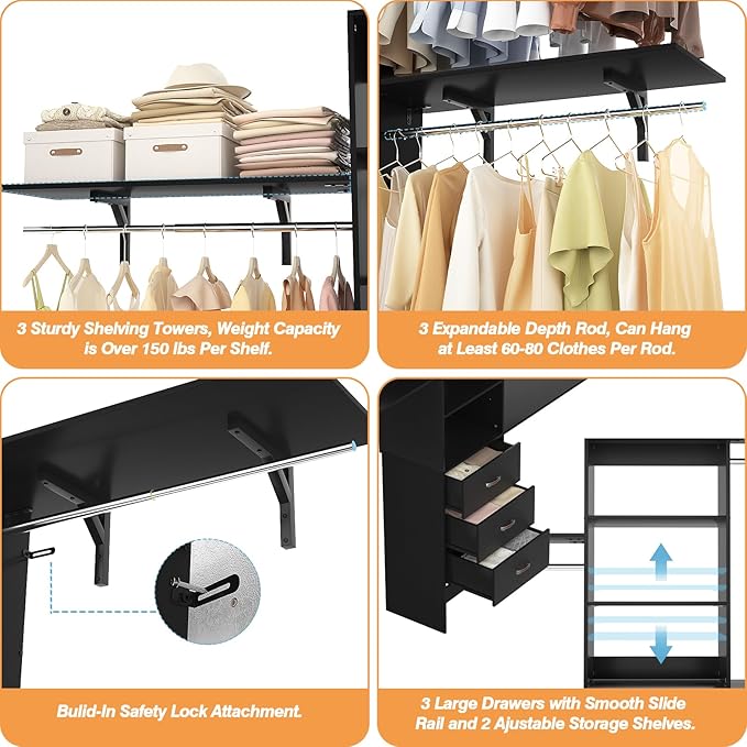 Armocity 96 Inches Closet System, 8FT Walk In Closet Organizer with 3 Shelving Towers, Heavy Duty Clothes Rack with 3 Drawers, Built-In Garment Rack, 96" L x 16" W x 75" H, Max Load 1000 LBS, Black