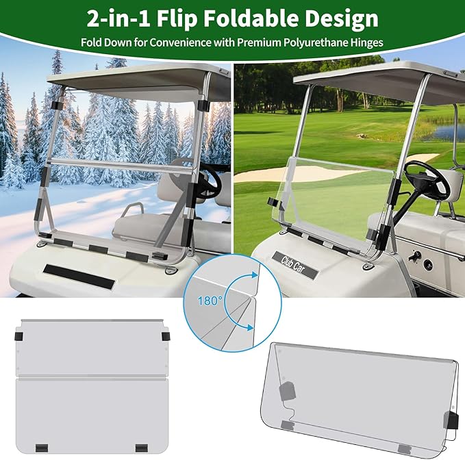 Golf Cart Foldable Windshield 3/16" (5MM) Only Fits 1982-2000 Club Car DS 1"×1" Struts Upper and Down Straight Rail, Folding Acrylic Replacement - Clear (Not Fit Top Tapered Rail Style)