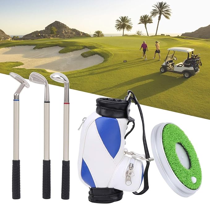 Golf Bag Pen Holder, Mini Desktop Zinc Alloy Golf Bag Pen Holder Set with Golf Pens Gift Souvenir for Golfers Office Decor (Blue White)