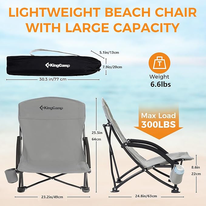KingCamp Low Beach Chairs, Folding Portable Chair for Adults Lightweight Extra Wide Seat 300lbs Heavy Duty Oversized Backpack, Carry Bag for Camping