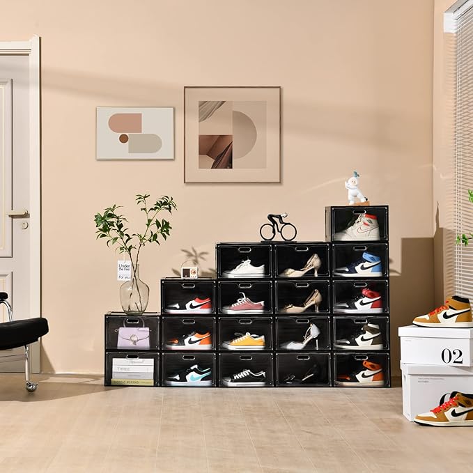 8 Pack Shoe Boxes Black Plastic Stackable, Large Shoe Storage Organizer,Drop Side Front Shoe Containers for Entryway,Sneaker Storage Fit up to US Size 13 for Men/Women(13’’x 10.6”x 8.3”)