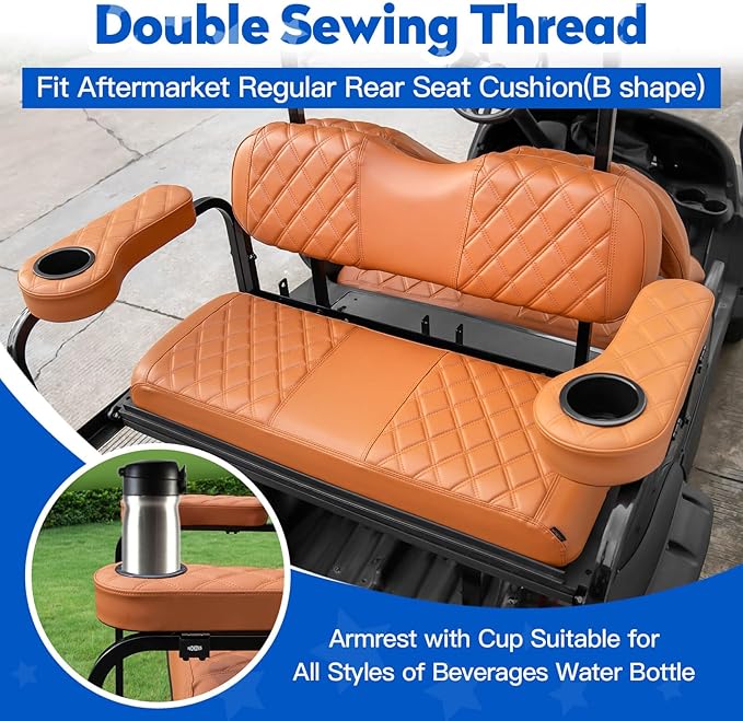 NOKINS Golf Cart Seat Covers for YAMAHA/G29/Drive2, Vinyl Front&Rear Seat Cover with Flip-Up Armrests kit, with Cup Holder, for 1" Square Tube (All Brown)