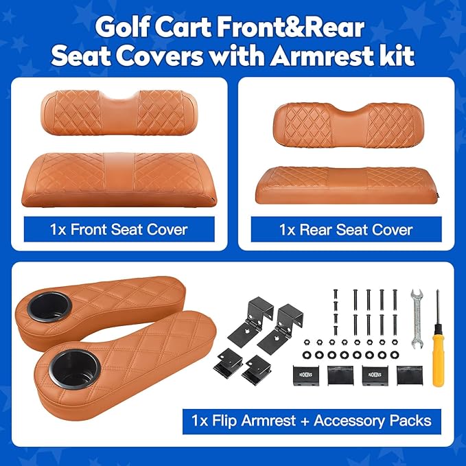 NOKINS Golf Cart Seat Covers for EZGO TXT 1994-2013/EZGO RXV, Vinyl Front&Rear Seat Cover with Flip-Up Armrests kit, with Cup Holder, for 1" Square Tube (All Brown)