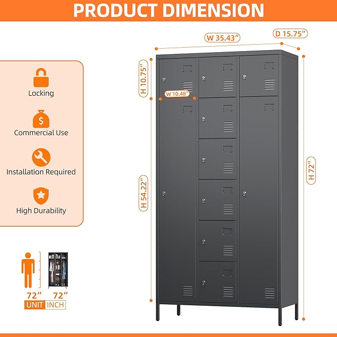 METAN Metal Locker for School Office Gym Bedroom, 10 Doors Steel Storage Locker Cabinet for Employees, Industrial Storage Locker, Assembly Required (Dark Gray)