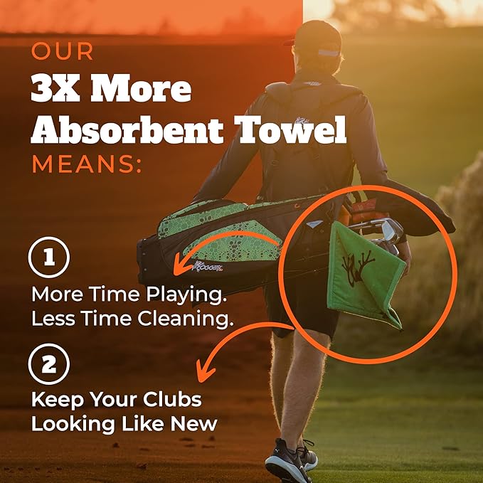 Frogger Amphibian 2-in-1 Golf Towel with Wet and Dry Technology, Green, Premium Golf Bag Accessory with Carabiner Clip, Ultra Absorbent, for Golf Dads