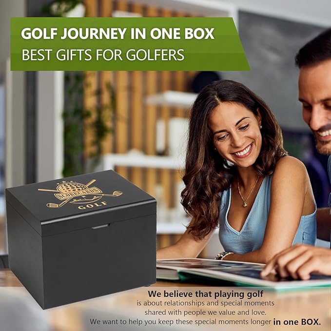 Golf Storage Box Golf Gifts - Golf Scorecard Collection Box with 5 Wooden Dividers - Golf Organizer for Scorecards, Photos, Keepsakes; Fathers Day Dad Gifts for Men from Wife (Black)