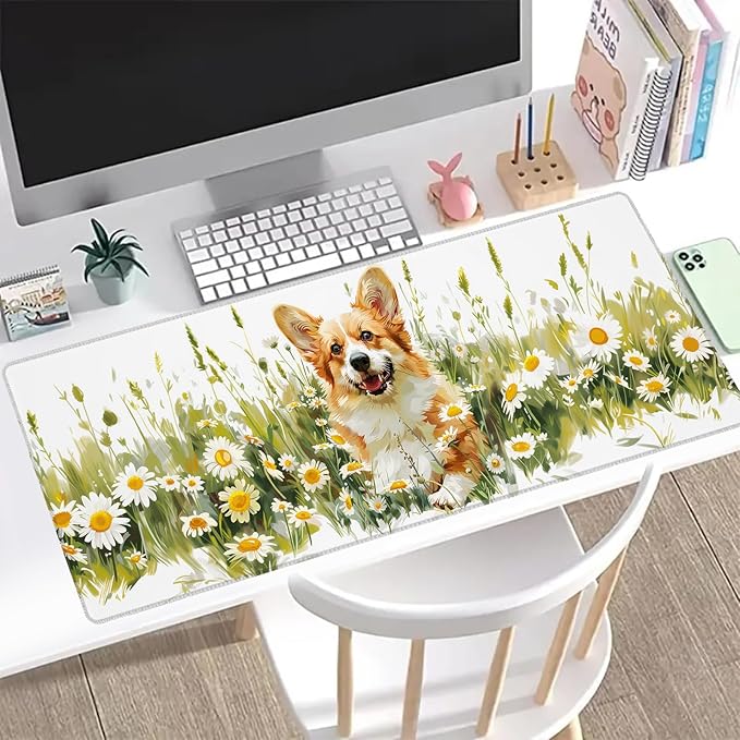Corgi Daisy Gaming Mouse Pad, Office Desk Mat, Anti-Slip Rubber Base Cool Aesthetic Mouse Pads for Computer Laptop Keyboard School Home Desktop Gamer Home Accessories Decor 31.5" x 11.8"