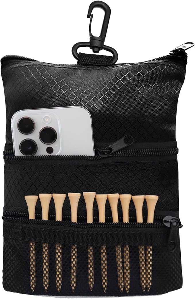 Golf Bag Accessories Valuables Pouch Bags Multi Pocket Zipper Hook with 10 Pcs Wood Golf Tees for Men Women