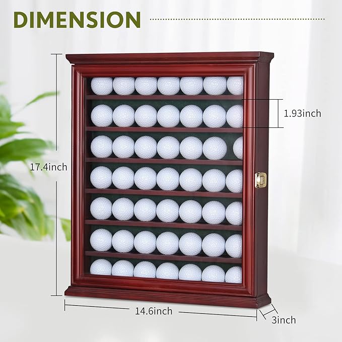 7-Shelf Golf Ball Display Case in Solid Pine Wood with UV Protection and Lockable Glass Door for Organizing and Showcasing Golf Memorabilia