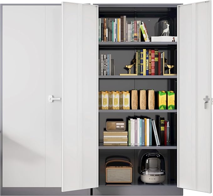 Metal Lockable Storage Cabinet, 72” Storage Cabinet with 2 Doors and 4 Adjustable Shelves for Office, Home, Garage, Pantry (Assembly Required, Grey White)