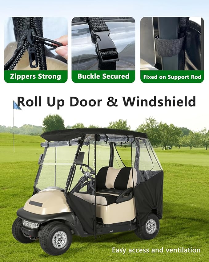 Golf Cart Enclosure 2 Passenger for Club Car Precedent Tempo Onward,600D Clear Rain Cover Driving Enclosure 2 Seater,Roll Up 4 Sided Transparent Windows&Door Heavy Duty Zipper,Side Mirrors Openings