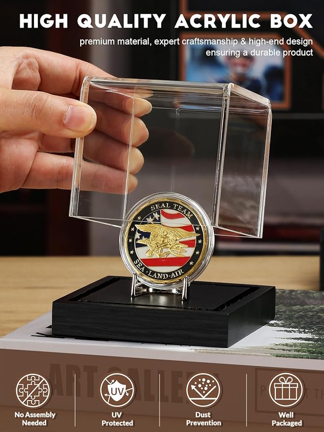 JupDec Coin Display Case, Clear Acrylic Showcase with Wood Base & Alloy Holder for Single Challenge Coin, UV Protection Souvenirs and Collectibles Box, Ideal Gift for Coin Fans, Black