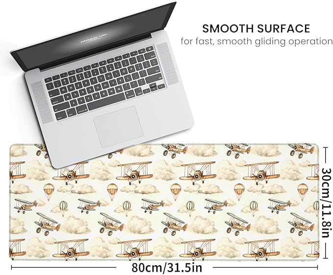 Vintage Aviation Pilot Large Gaming Mouse Pad,Retro Biplane Desk Mat,31.5x11.8x0.12in Extended Non-Slip Rubber Hot Air Balloon Mousepad,Computer Deskmat Gifts,Laptop Mice Pads Decor for Office