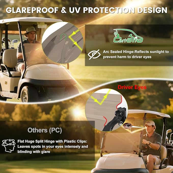 Golf Cart Foldable Windshield 3/16" (5MM) Thicken Only Fits Club Car Precedent 2004+, Tempo 2017+, Onward 2017+, 1"×1" Struts Rail Front Folding Acrylic Windshield Replacement - Tinted