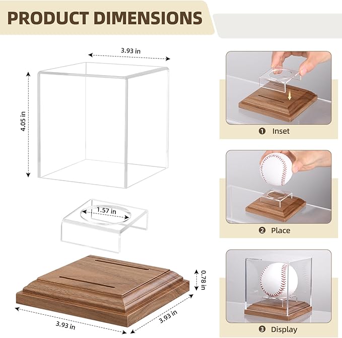 Baseball Display Case Walnut Wood Base Acrylic Baseball Case Display for Balls Uv Protection Baseball Holder Cube Box Stand Memorabilia Autograph Ball, Ideal Gift for Official Size Ball Display
