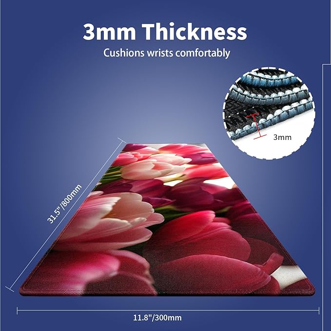 Wknoon. Extra Large Gaming & Office Mouse Pad (31.5" x 11.8") with Durable Stitched Edges – Bouquet of Tulips Flowers Pink and Purple Blossoms Girly Floral Close-up, Anti-Slip Extended XXL Desk Mat