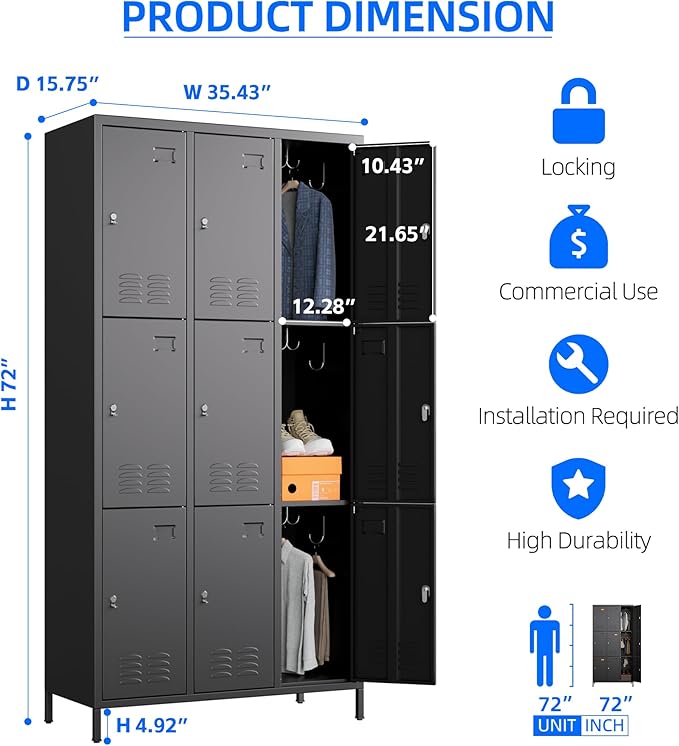 METAN Metal Locker for School Office Gym Bedroom,9 Doors Black Steel Storage Locker Cabinet for Employees, Industrial Storage Locker, Assembly Required (9 Door-Black)