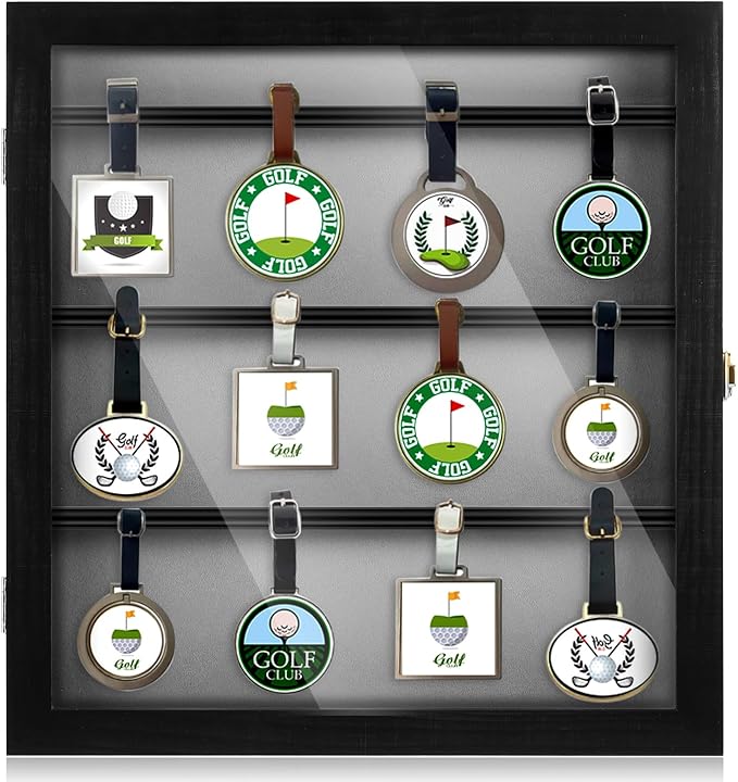 Golf Bag Tag Collection Display Case Holds 40 Bag Tags 16.54 x 15.35 x 1.77 Inch Wall Mount Wooden Shadow Box W/98% UV Acrylic Door Lockable Storage Display Box for Collection(Black, Grey)