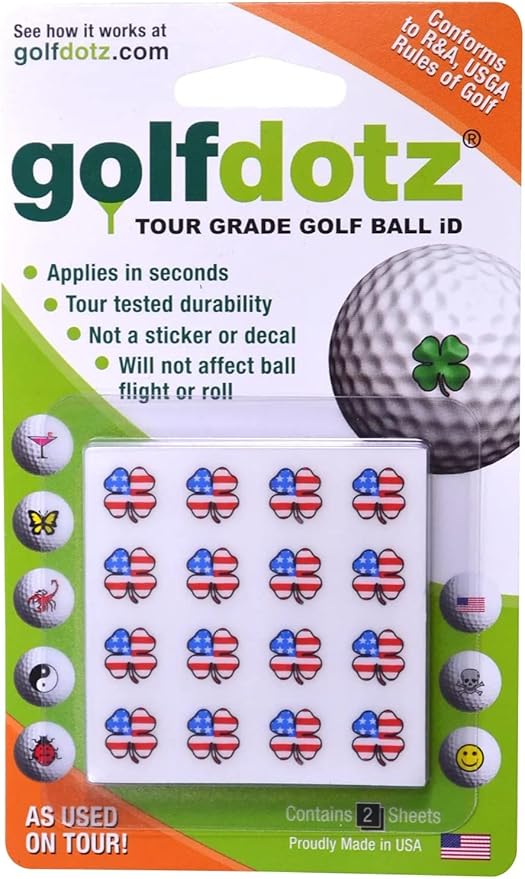 Golfdotz - USGA Rule Conforming Novelty Golf Ball Markers, Golf Ball Stickers for Marking Balls, No More Smearing from Stamps, Gifts for Golfers, Dads, and Retirees, (USA Collection; 32-Count)