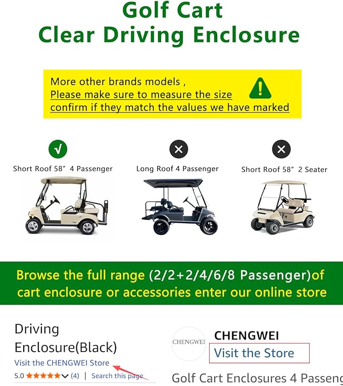 Golf Cart Enclosures 4 Passenger for Club Car DS,Short Roof 58 inch 2+2 Seater 600D Clear Rain Cover Driving Enclosure,Roll Up 4 Sided Transparent Windows&Door Heavy Duty Zipper,Side Mirrors Openings