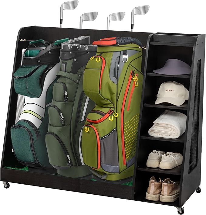 Golf Bag Organizer Storage Rack Stand Holder Fits Extra Large Golf Club Bags and Multiple Golfing Equipment Accessories for Garage Home Simulator and Office